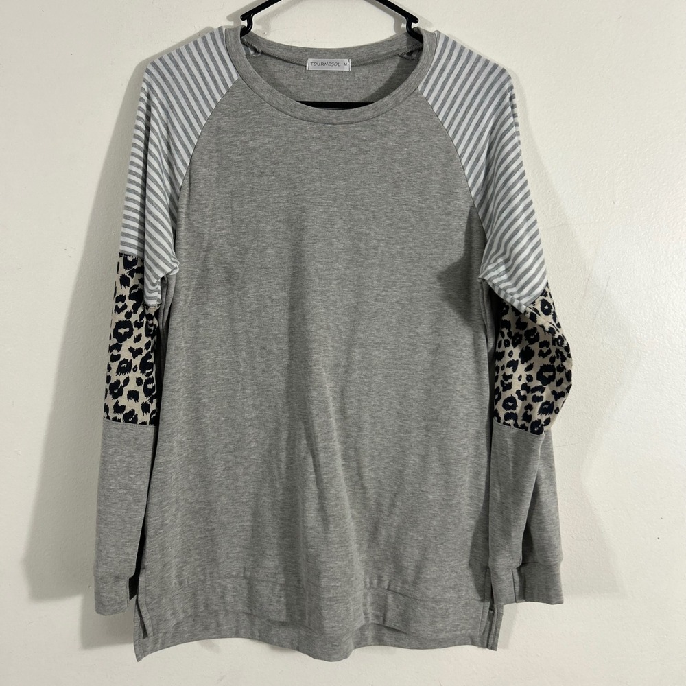 Tournesol Sweatshirt Womens Medium Gray Excellent Leopard Stripe Mixed Media Top